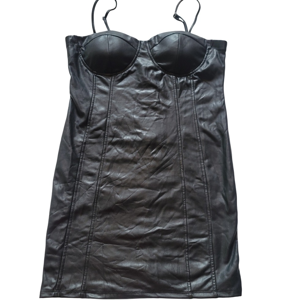 Shinstar Black Faux Leather Bustier Mini Dress Bodycon Padded Cup Womens Large